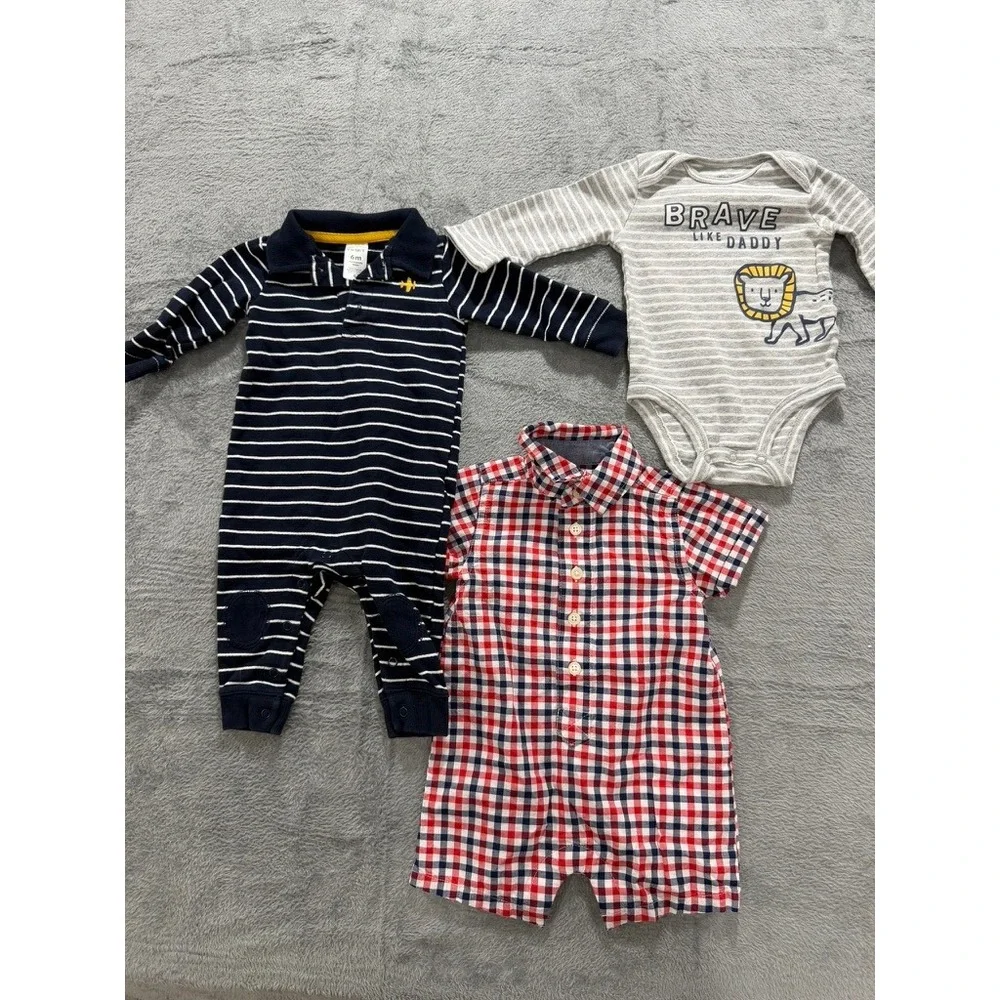 Carters OshKosh Baby Boy 6M Romper Bodysuit Lot 3pc Stripe Gingham Lion Airplane